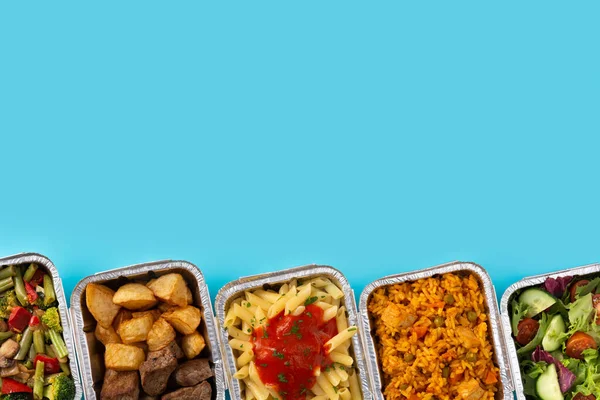 Take Away Healthy Food Foil Boxes Blue Background Top View — Stock Photo, Image