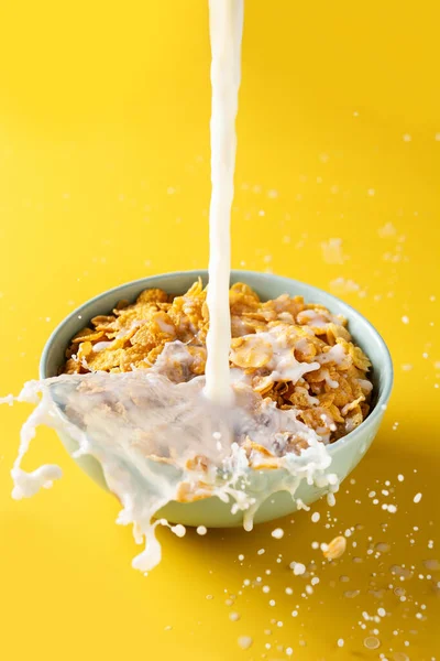 Bowl Cereals Milk Bottle Breakfast Yellow Background Stock Photo