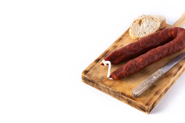 Salsiccia Chorizo Spagnolo Isolato Sfondo Bianco Copia Spazio — Foto Stock