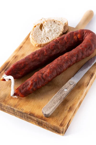 Spaanse Chorizo Worst Geïsoleerd Witte Achtergrond — Stockfoto