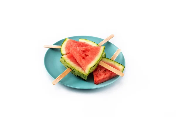 Watermelon Slices Popsicles Blue Plate Isolated White Background — Stock Photo, Image