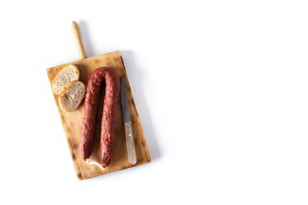 Spanische Chorizo Wurst Isoliert Auf Weißem Hintergrund Ansicht Von Oben — Stockfoto