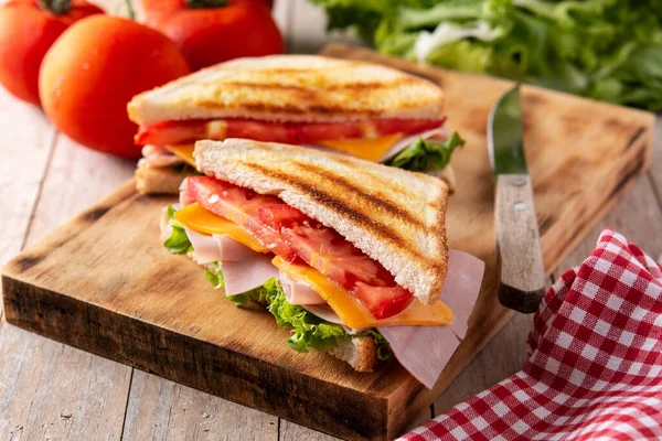 Sandwich Tomato Lettuce Ham Cheese Wooden Table — Stock Photo, Image
