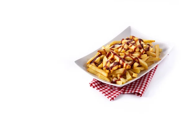 Traditionell Kanadensisk Poutine Isolerad Vit Bakgrund Kopiera Utrymme — Stockfoto