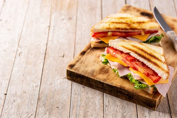 Sandwich Tomato Lettuce Ham Cheese Wooden Table — Stock Photo, Image