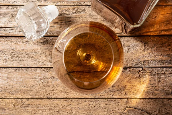 Cognac Drink Glass Rustic Wooden Table Top View — Stock Photo, Image