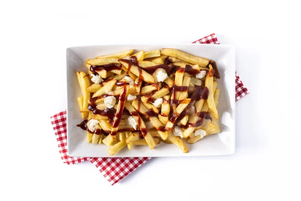 Poutine Canadense Tradicional Isolado Fundo Branco Vista Superior — Fotografia de Stock