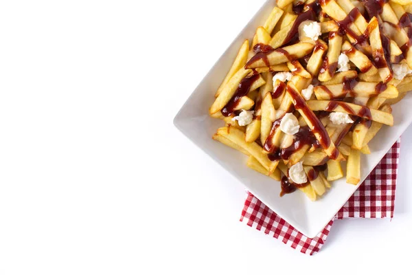 Poutine Canadense Tradicional Isolado Fundo Branco Vista Superior Espaço Cópia — Fotografia de Stock