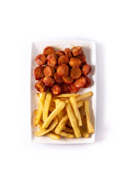 Traditionell Tysk Currywurst Isolerad Vit Bakgrund Typisk Oktoberfest Mat Suger — Stockfoto