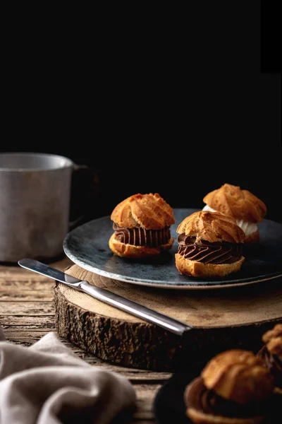 Chocolate Cream Profiteroles Rustic Wooden Table — Stock Photo, Image