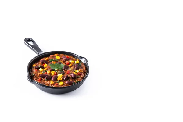 Hagyományos Mexikói Tex Mex Chili Con Carne Vasserpenyőben Elszigetelt Fehér — Stock Fotó