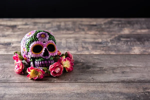 Typische Mexicaanse Schedel Bloemen Diadeem Houten Tafel Dia Los Muertos — Stockfoto