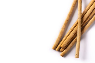 Breadstick Grissini aperatifi beyaz arka planda izole edilmiş. Boşluğu kopyala