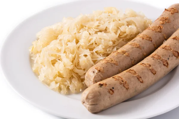 Bratwurst Worst Zuurkool Geïsoleerd Witte Achtergrond — Stockfoto