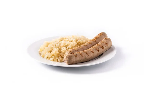 Salsicha Bratwurst Chucrute Isolado Sobre Fundo Branco — Fotografia de Stock