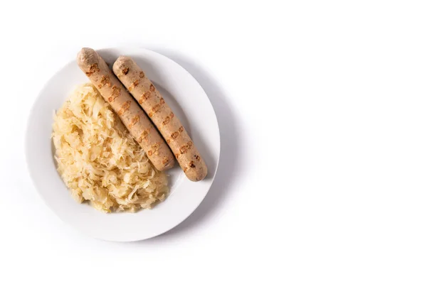 Salsicha Bratwurst Chucrute Isolado Fundo Branco Comida Típica Alemã — Fotografia de Stock