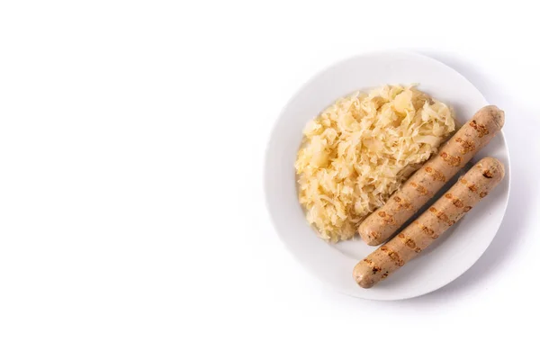 Bratwurst Сосиска Sauerkraut Ізольовані Білому Тлі Типова Німецька Їжа — стокове фото