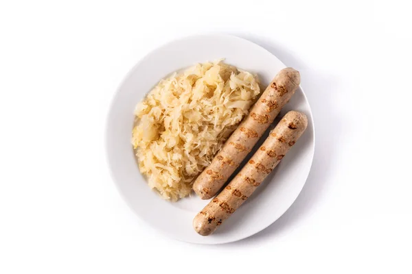 Bratwurst Сосиска Sauerkraut Ізольовані Білому Тлі Типова Німецька Їжа — стокове фото