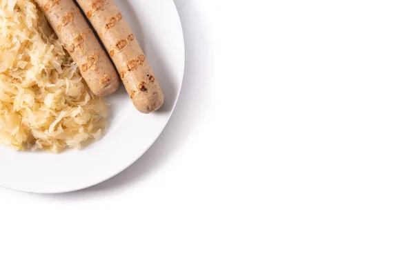 Bratwurst Сосиска Sauerkraut Ізольовані Білому Тлі Типова Німецька Їжа — стокове фото