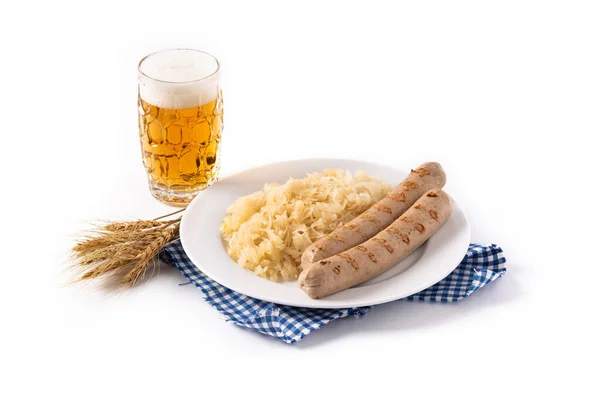 Salchicha Bratwurst Chucrut Pretzels Cerveza Aislados Sobre Fondo Blanco —  Fotos de Stock