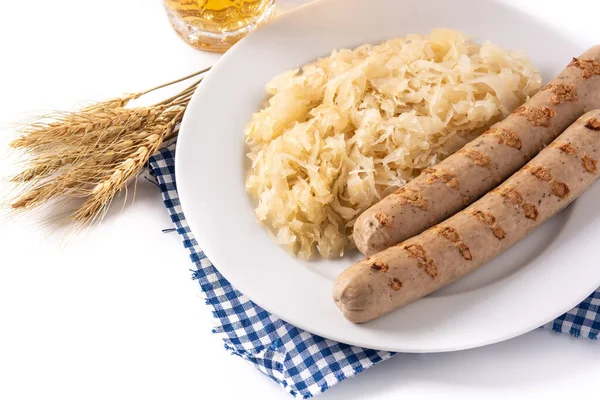 Λουκάνικα Bratwurst Ξινολάχανο Πρέτζελ Και Μπύρα Απομονωμένα Λευκό Φόντο — Φωτογραφία Αρχείου