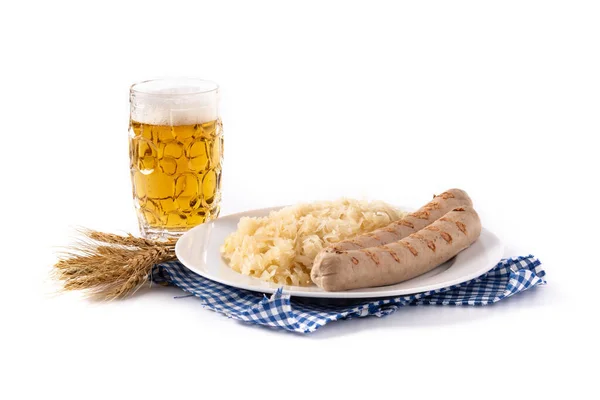 Salchicha Bratwurst Chucrut Pretzels Cerveza Aislados Sobre Fondo Blanco —  Fotos de Stock