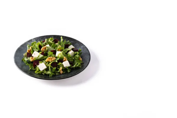 Salade Betteraves Fromage Feta Laitue Noix Isolées Sur Fond Blanc — Photo