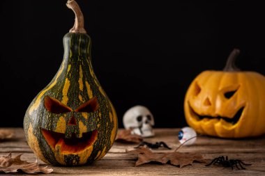 Köylü ahşap masasında cadılar bayramı yeşil balkabakları. Boşluğu kopyala