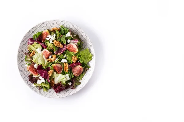 Salada Figos Com Queijo Nozes Isoladas Sobre Fundo Branco — Fotografia de Stock