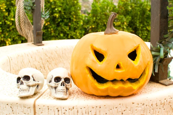 Zucca di Halloween e teschi in giardino — Foto Stock