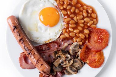 Tam İngiliz kahvaltısı, kızarmış yumurta, pastırma, sosis ve fasulye, beyaz arka planda.