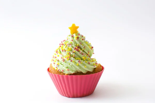 Cupcake com forma de árvore de Natal em madeira — Fotografia de Stock