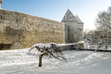 Kışın eski şehir Tallinn duvarları ve kuleleri .