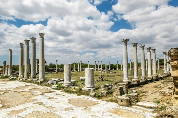 Ruínas e colunas antigas na antiga cidade de Salamis em Fama — Fotografia de Stock