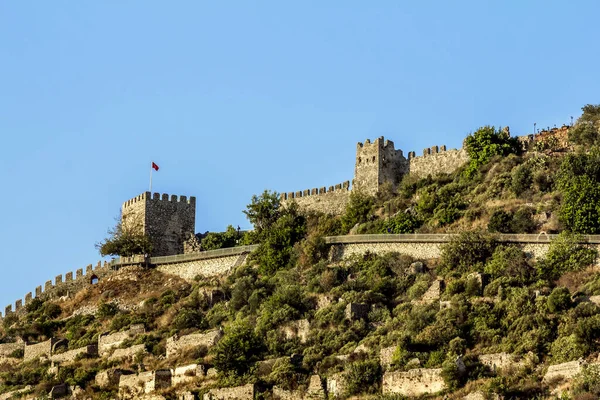 Alanie Turecko Září 2020 Pohled Hradby Starobylé Pevnosti Věž Alanyi — Stock fotografie