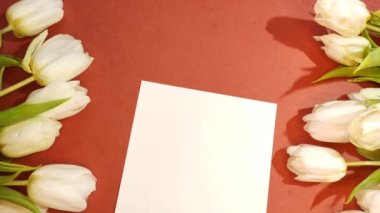 Bir buket güzel lale ve turuncu arka plan manzaralı bir kağıt. Anneler Günü 'nün arka planı, Uluslararası Kadınlar Günü. 4K görüntülerini durdurun..