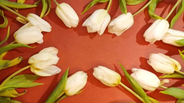 Гарні Тюльпани Викладені Формі Рамки Помаранчевому Фоні Background Mother Day — стокове відео