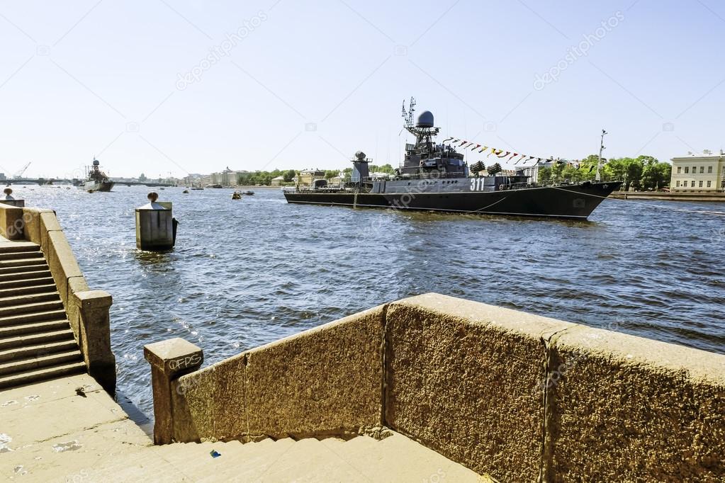 Warships in the waters of the Neva River in St. Petersburg at th