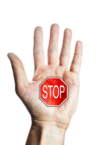 Men 's Palm with a painted sign "stop " — стоковое фото