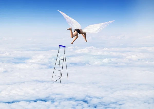 boy with Angel Wings flying, jumping from the stairs in the sky