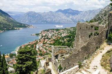 View of the roofs of the houses and the marina with a fortress w