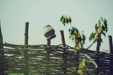 Asmadan çit hasarı, doku, arka plan. Hasır asma çiti. Örülmüş asma dokusu kabartmalı arka plan. Organik dokuma hasır çit.