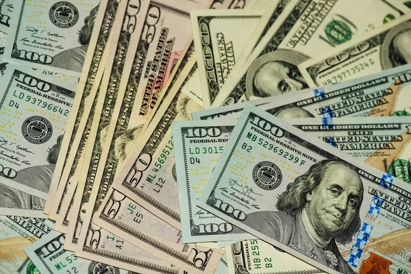 Долари Різні Рахунки Долар Тло Тлі Різних Американських Доларових Банкнот — стокове фото