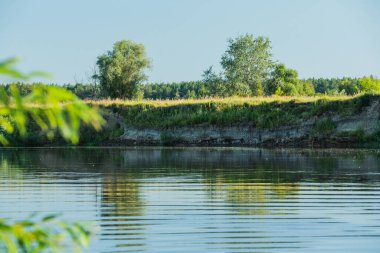 Nehir ve ağaçlar. Parlak mavi gökyüzü olan yaz nehri. Yaz tatili doğası