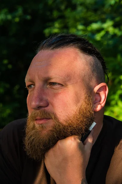 Yüzünde ciddi bir ifadeyle ağaca yaslanan bir adam profili. Ağaçta sakallı bir adamın profili. Ormanda sakallı yakışıklı bir adamın portresi.