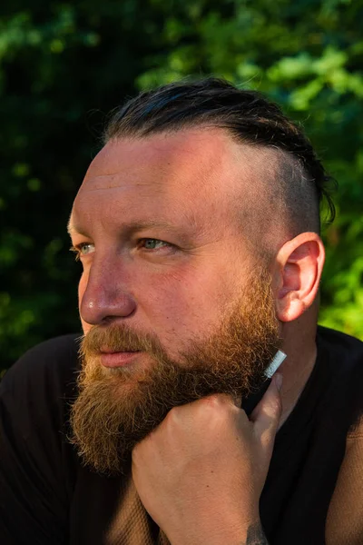 Yüzünde ciddi bir ifadeyle ağaca yaslanan bir adam profili. Ağaçta sakallı bir adamın profili. Ormanda sakallı yakışıklı bir adamın portresi.