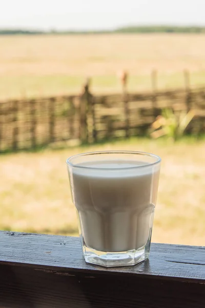 Bicchiere Latte Tavolo Legno Sfondo Campo Bicchiere Latte Fresco Sul — Foto Stock