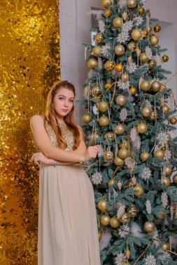 Noel, kış tatili konsepti. Noel için dekore edilmiş lüks dairelerde poz veren gece kıyafetli güzel bir kadın. Güzellik, moda. Noel için parlak elbiseli bir kız..