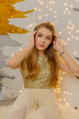 Noel, kış tatili konsepti. Noel için dekore edilmiş lüks dairelerde poz veren gece kıyafetli güzel bir kadın. Güzellik, moda. Noel için parlak elbiseli bir kız..