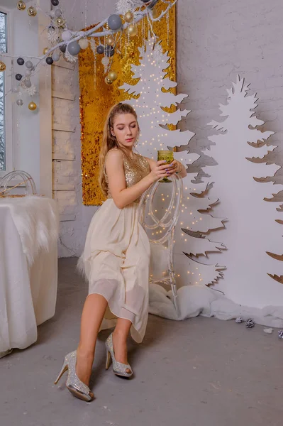 クリスマス 冬休みのコンセプト クリスマスのために装飾された豪華なアパートでポーズ夜のドレスで美しい魅力的な女性 ファッション 女の子で光沢のあるドレスでクリスマス — ストック写真